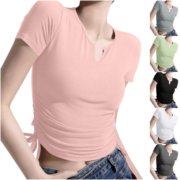 YHAJDS Short Sleeve Shirts for Women Basic Tees Spring Round Neck Solid Color Casual Pullover Tee