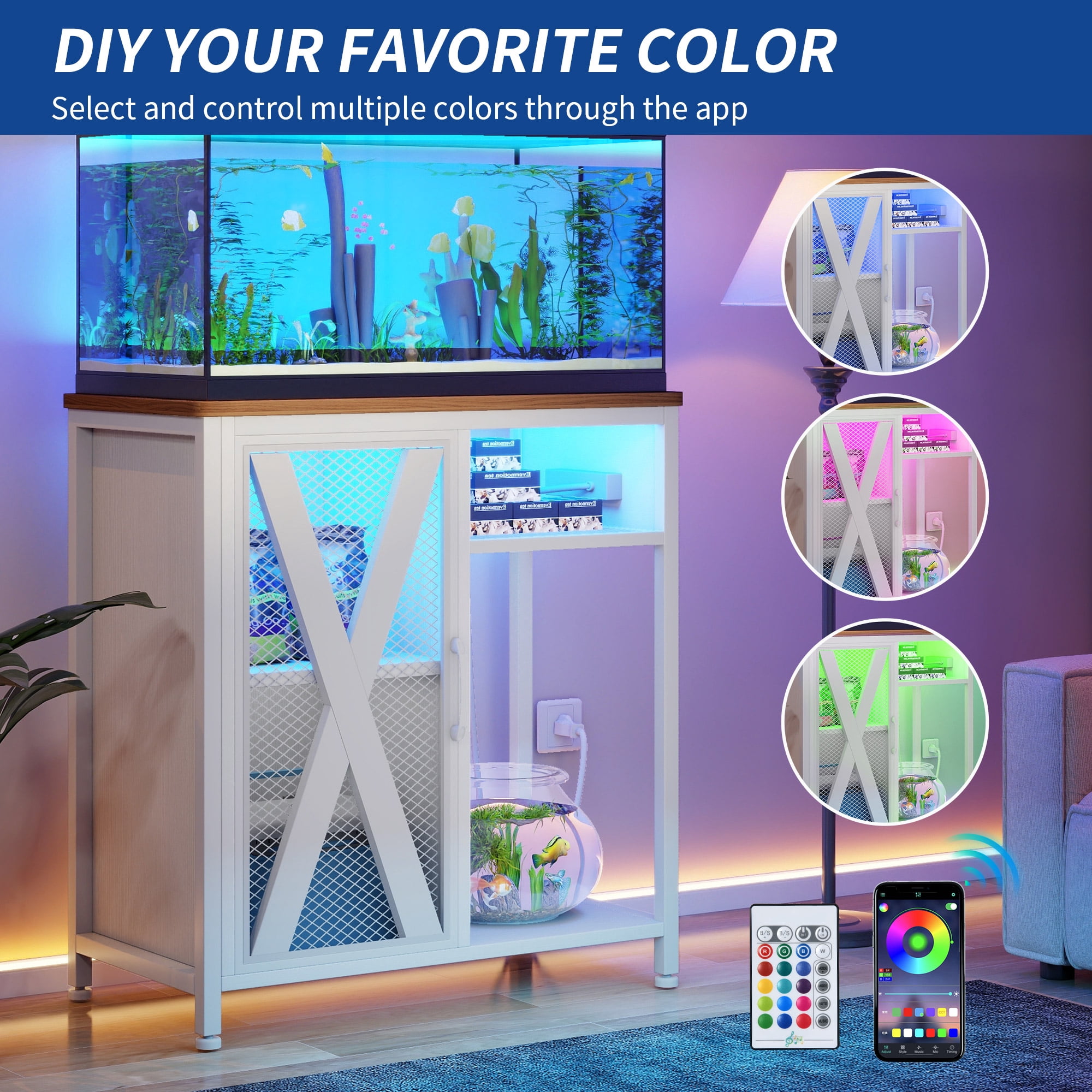 Uforic Aquarium Stand with Power Outlets & LED Light and Cabinet for 20-30 Gallon Fish Tank Stand, Turtle Tank, Reptile Terrarium - White