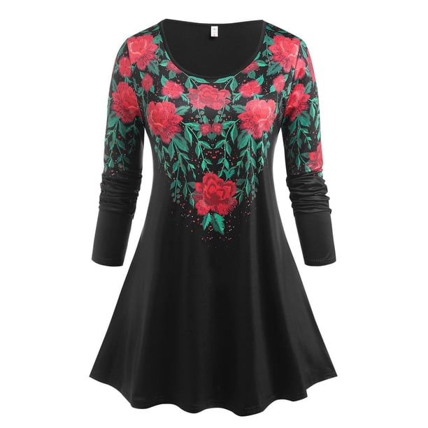Camiseta Diseño Impreso Hoja Tamaño Grande Rosegal Mangas largas de talla grande