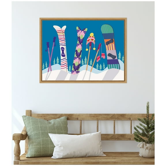 Kate and Laurel Framed Canvas Wall Art Print 'Winter Ski Village' by Rachel Lee, 24 x 18 Sylvie Natural Frame, Whimsical, Sport Art for Wall Decor
