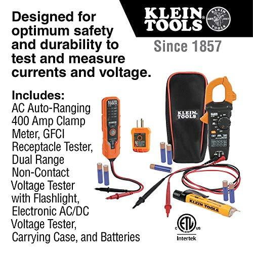 Klein Tools CL120VP Kit de test de tension électrique avec pince  multimètre, trois testeurs, fils de test, pochette et piles 