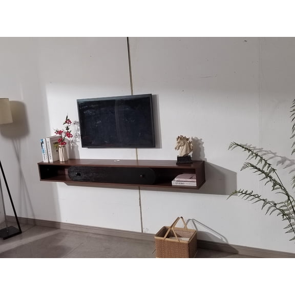 FloatiCasa 47-inch Wood Grain Floating TV Stand, Wall-Mounted Media Console with 1 Door & 2 Open Shelves, for TVs up to 50", Black & Walnut