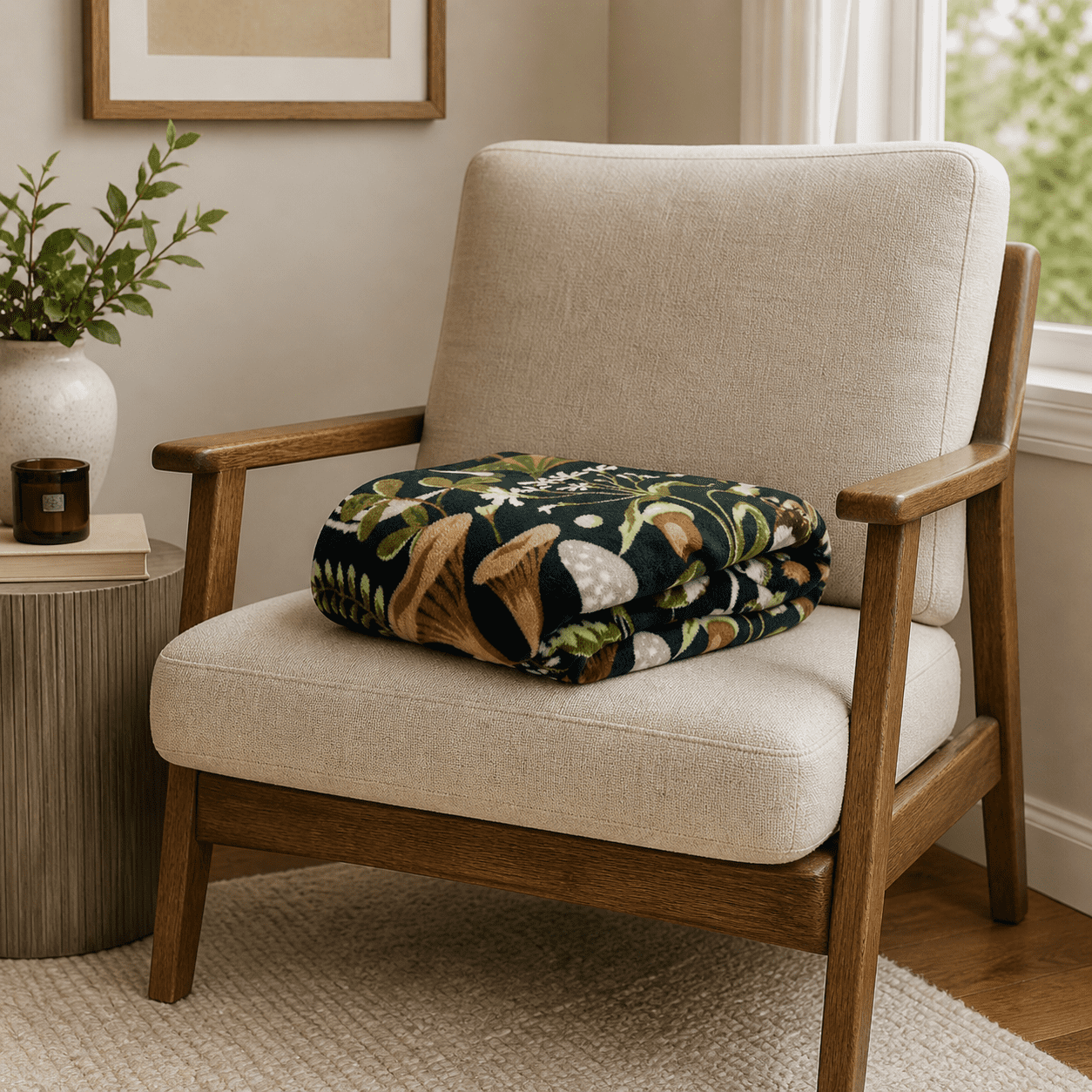 Serafina Home Decor Fleece Fall Throw Blanket: Floral Mushroom Forest Black Brown Beige And White Oversized Blanket 50" x 70"