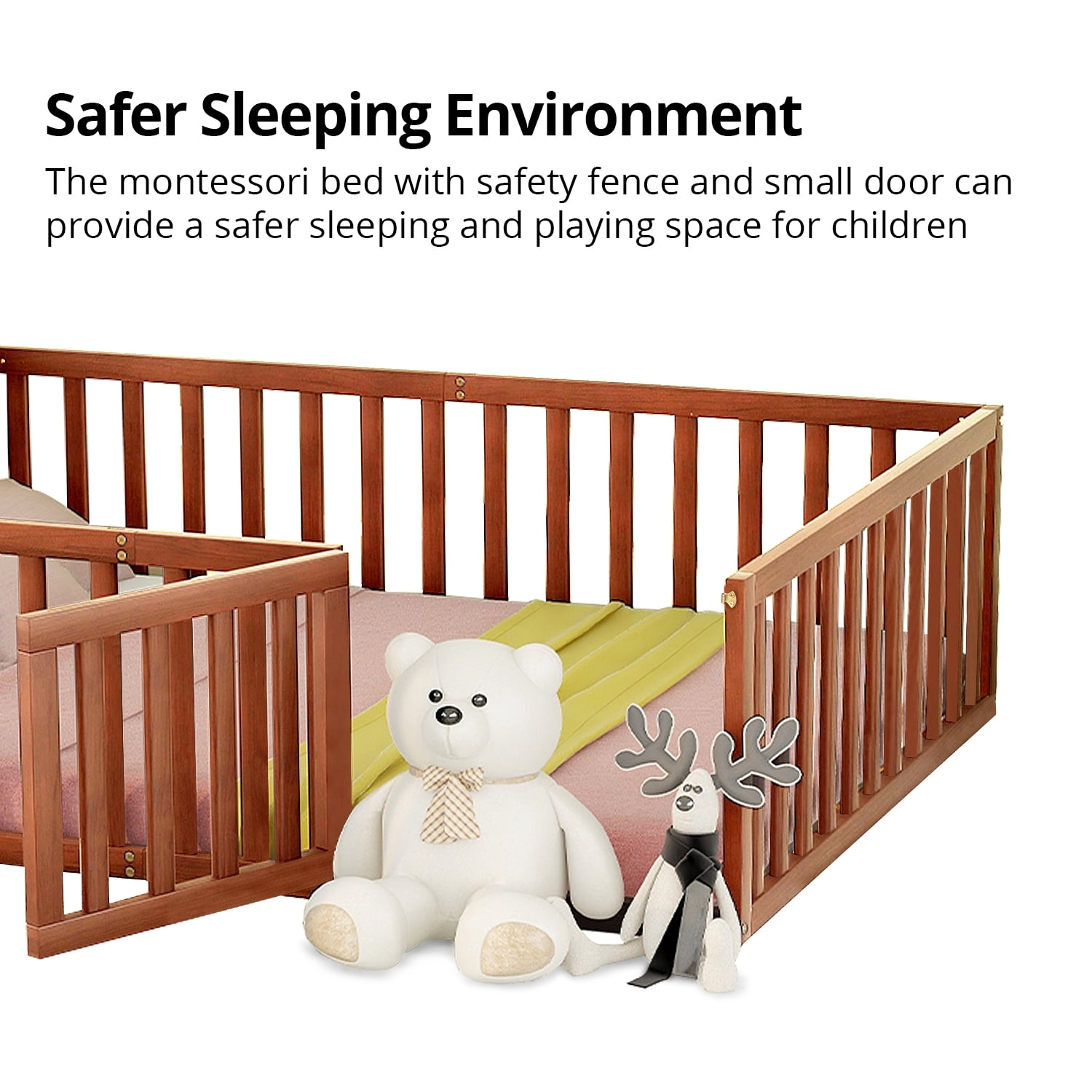 Queen Size Floor Bed with Fence and Door Platform Bed Frame with Safety Guardrails and Wood Slats Montessori Floor Bed for Girls and Boys, Walnut