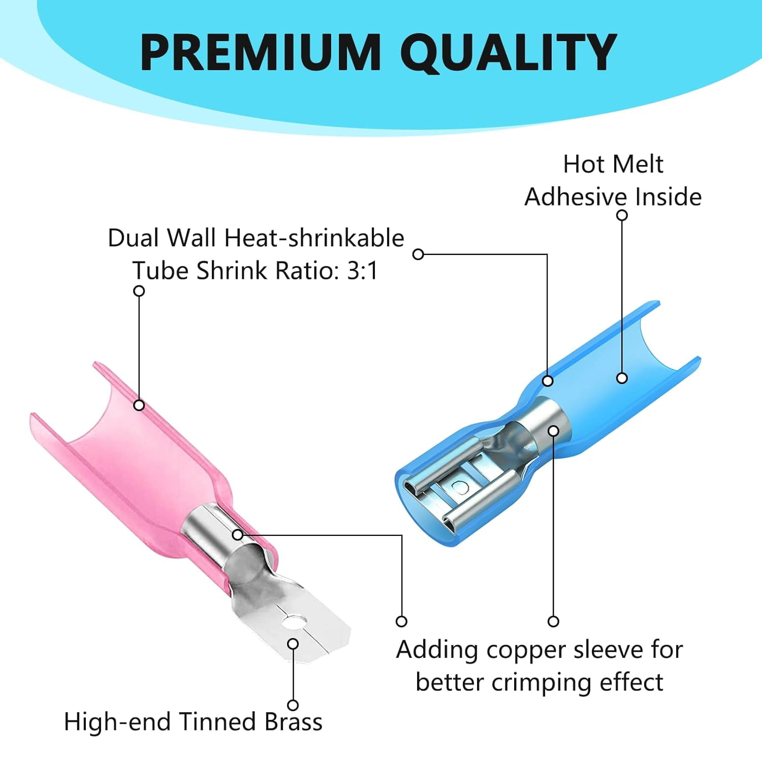 200 blue heat-shrink knife-shaped terminals, male and female knife-shaped terminals, heat-shrink knife-shaped terminals (16-14 AWG)