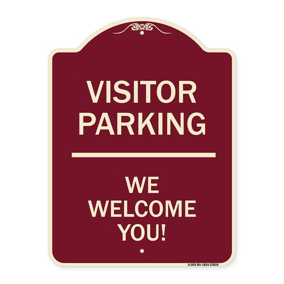 SignMission Designer Series Sign - Reserved Parking Sign Visitor Parking We Welcome You! | Burgundy 18" x 24" Heavy-Gauge Aluminum Architectural Sign | Made in the USA
