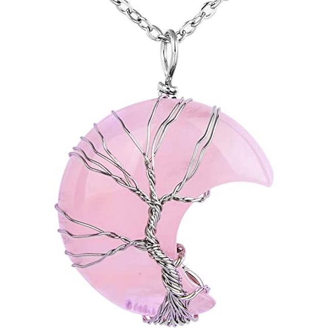 Collar de luna creciente del árbol de la vida, colgante de piedras preciosas naturales con envoltura de alambre de cobre C