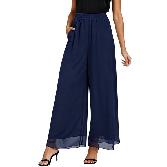 Gunia Womens Chiffon Flowy Pants Wide Leg Elastic Waisted Trousers With Pockets Solid Color Work Wear Baggy Pants,Blue,Size S-Xxl