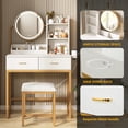 thumbnail image 6 of Vabches Vanity Desk Set with Round Mirror and Lights, Makeup Vanity Table with Stool and 2 Drawers, Vanity Table for Small Space, 6 of 9