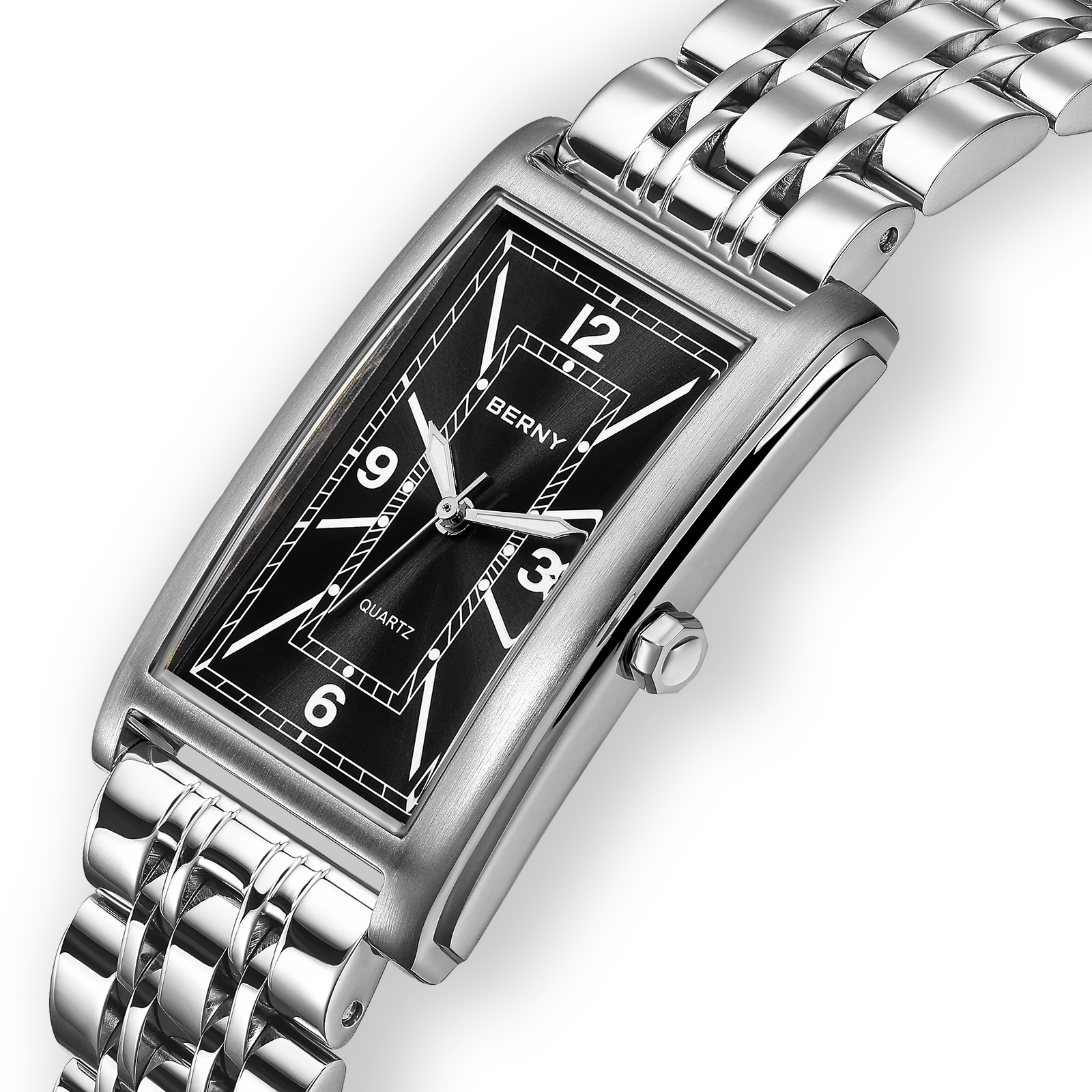 BERNY Rectangular Silver Watch for Men, Fashion Waterproof Analog Quartz Wristwatch, Stainless Steel, Luminous, Arabic Numeral, Business Dress Men's Watches (Black)