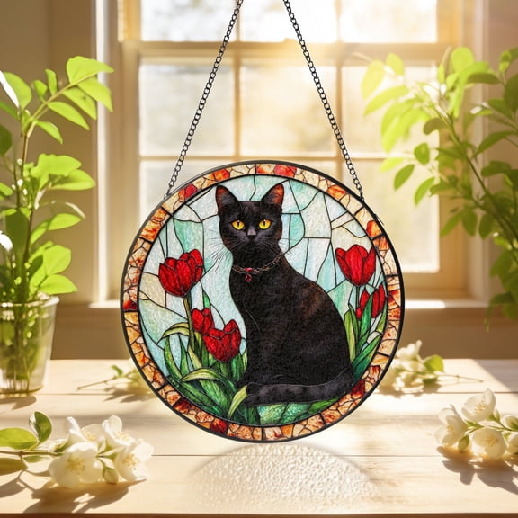 KuphiL10C Black Cat Suncatchers for Windows, Red Tulip Stained Glass Window Hanging, Cat Sun Catchers with Metal Chain and Hook, Wall Art Home Decor, Birthday Gifts