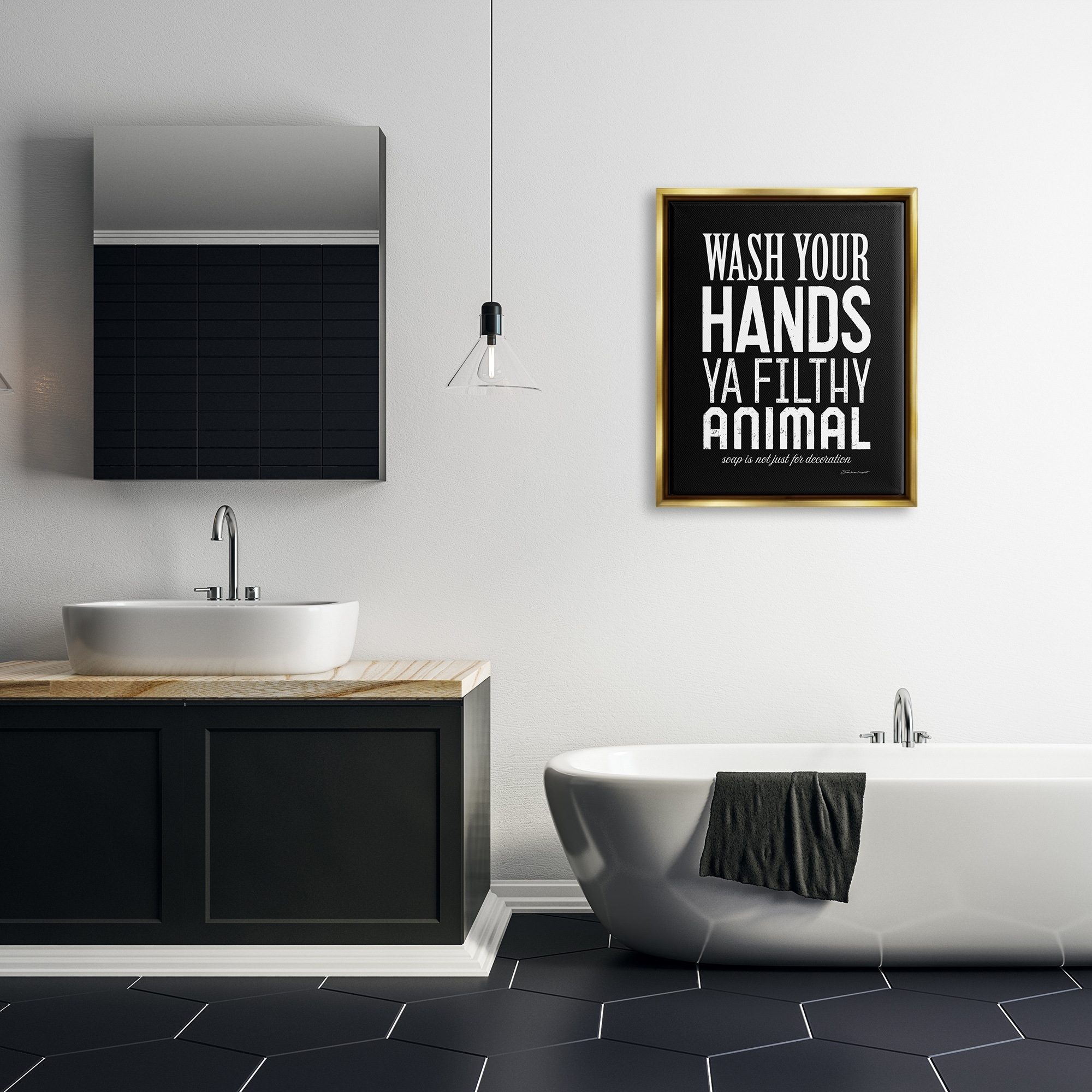 Stupell Industries Wash Your Hands Ya Filthy Animal Black and White Bold Typography Metallic Gold Framed Floating Canvas Wall Art, 24x30, by Stephanie Workman Marrott
