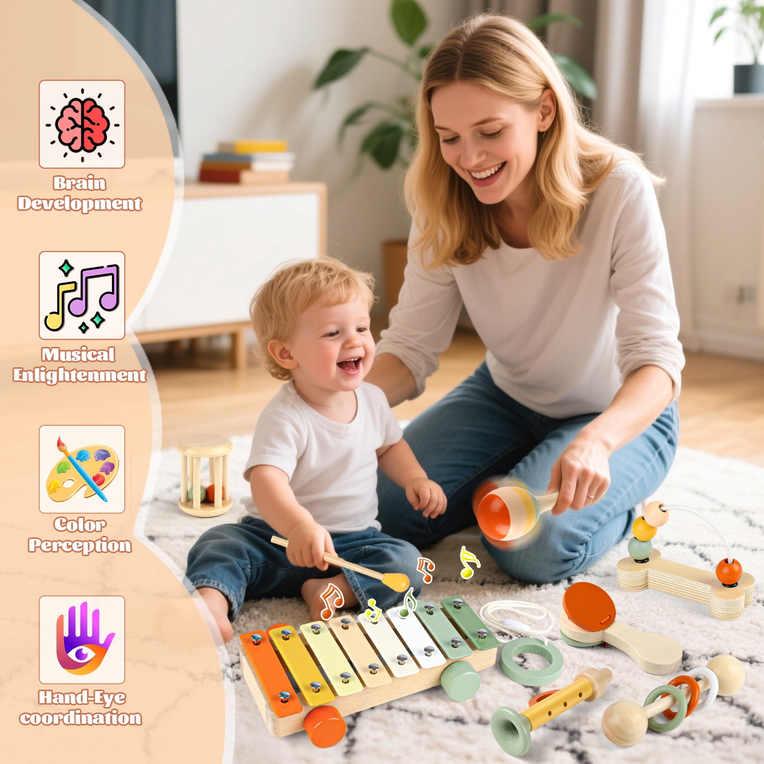 Carsky 7-in-1 Wooden Baby Music Toy Kit, Rattles, Xylophone, Beads Maze & More, Educational Sound Activity Set for Infants Toddlers 1-3