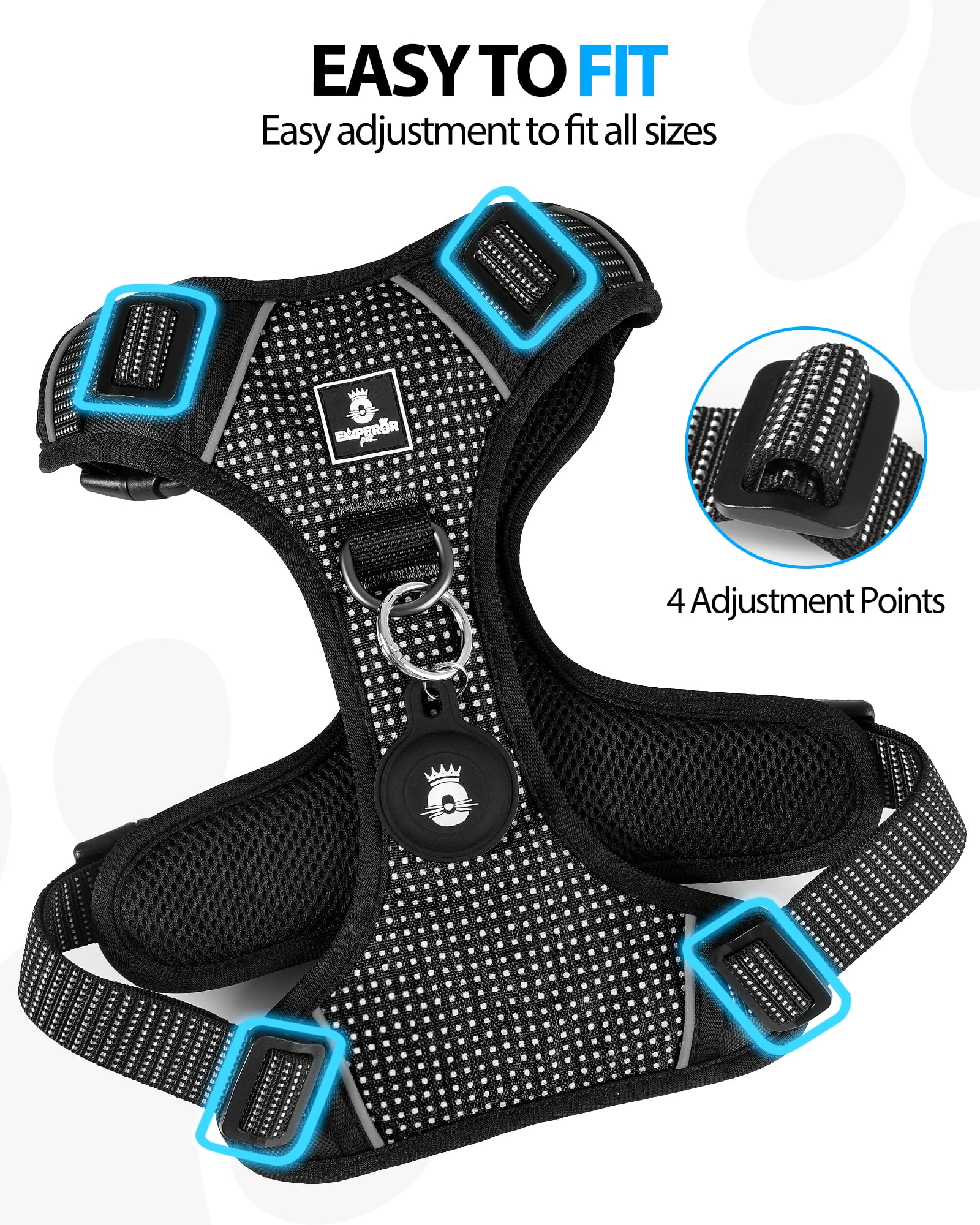Emperor Pets Black Reflective Dog Harness Medium Sized Dog - No Pull Dog Harness with 2 Leash Clips, Premium Oxford Soft Padded Harness Medium Size Dog, Medium Dog Harness (M, Black)