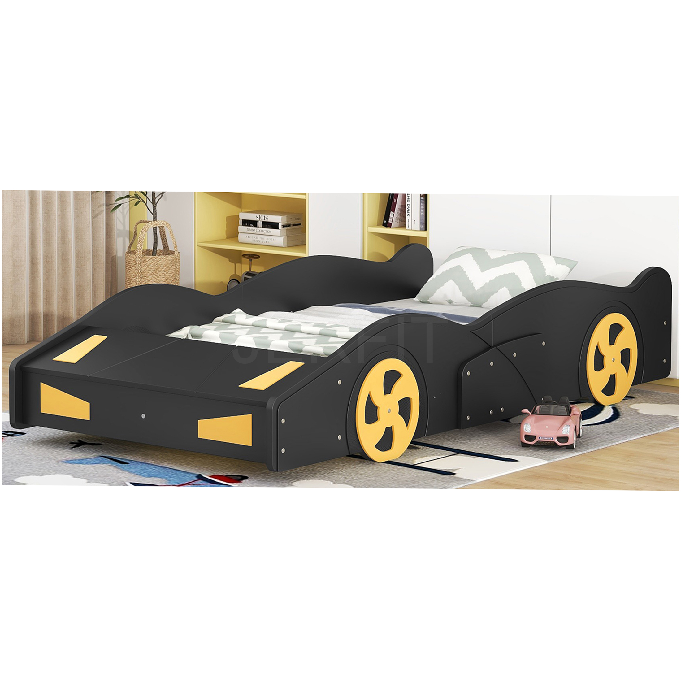 JERFIT Twin Size Race Car Themed Storage Platform Bed Frame with Wheels, Black
