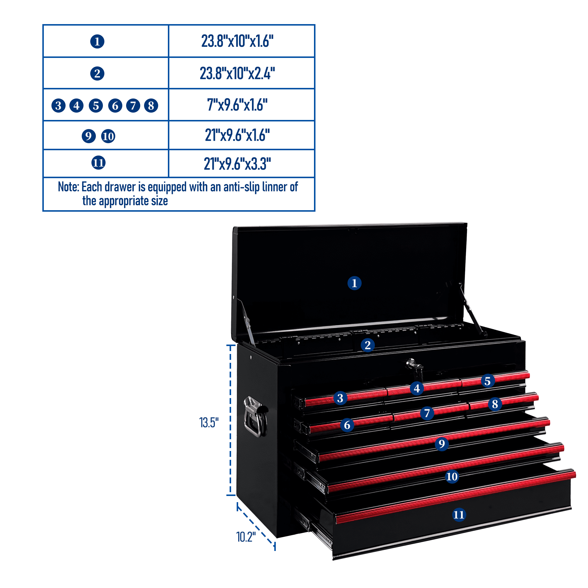 Heavy Duty Metal Tool Box,24 Inch Portable Tool Chest with 9 Drawers, Ball Bearing Slide Drawers with Auto-Locking System, Lockable Top Box Tool Organizer for Garage, Workshop, Truck,Black