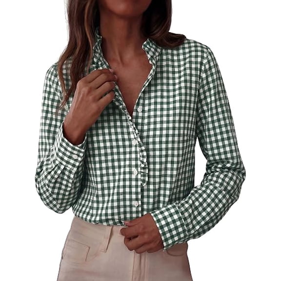 PRETTYGARDEN Womens Long Sleeve Button Down Shirts | Soft Cotton Fabric, Fashion Plaid Shirt, Basic Collared V Neck, Work Business Casual Blouses, Fall Trendy Outfits