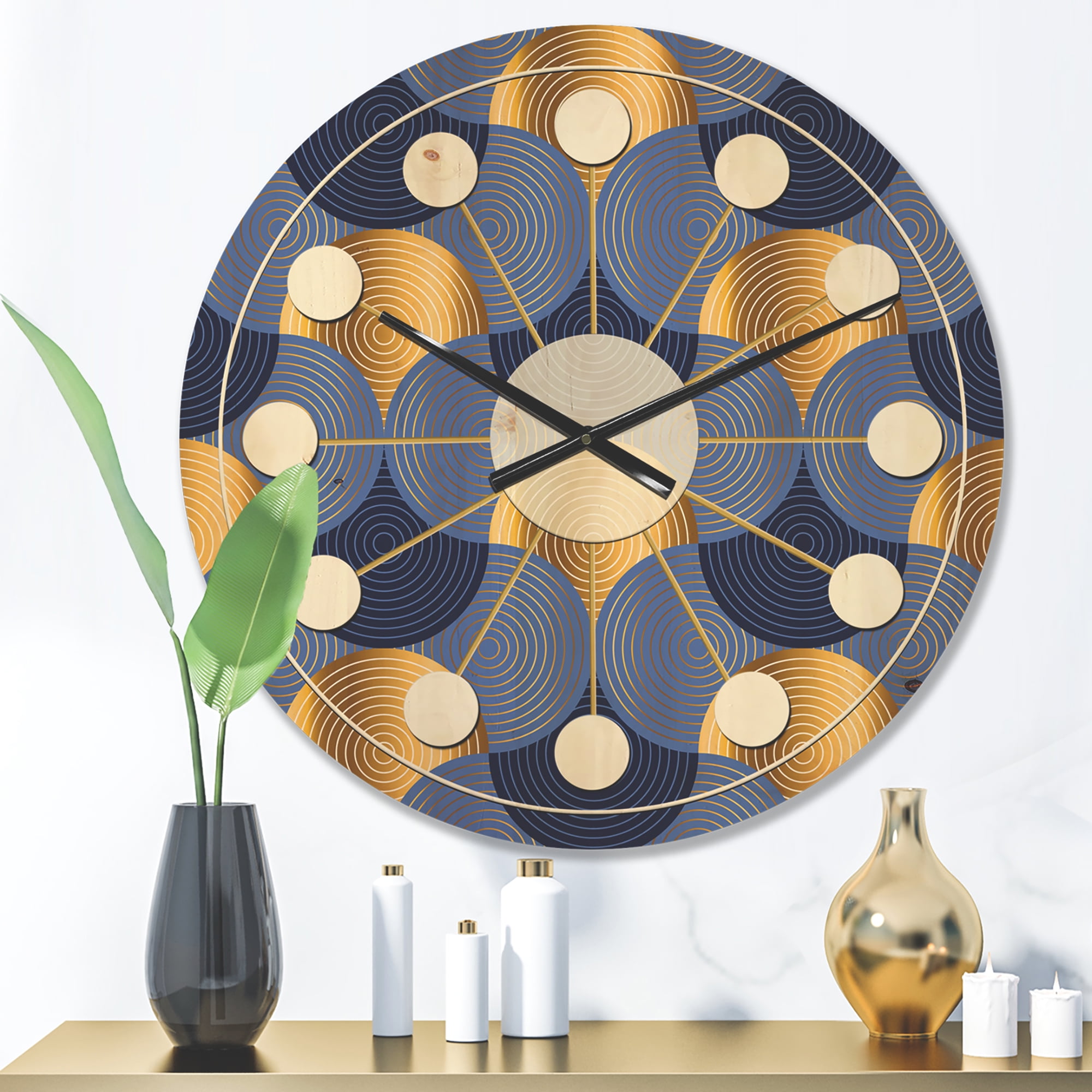 Designart 'Retro Luxury Waves In Blue and Gold VIII' Mid-Century Modern Wood Wall Clock