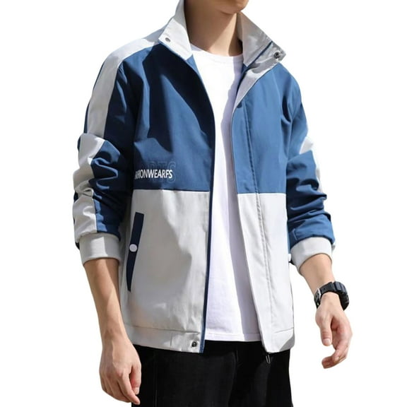 Men Jacket Waterproof Stand Collar Long Sleeve Zipper Decoration Pockets Streetwear Color Matching Spring Autumn Windbreaker Coat Male Clothing for Hiking