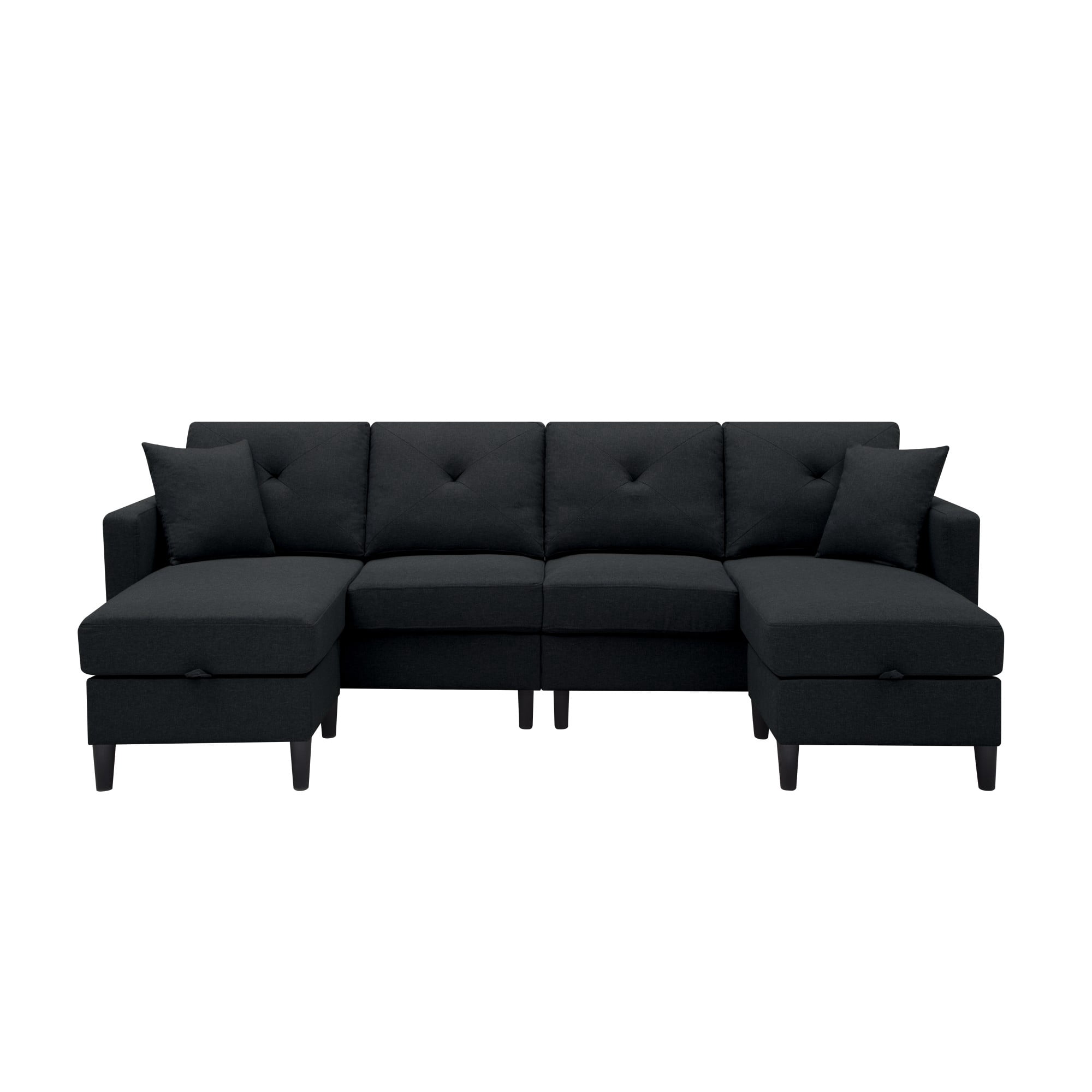 Gewnee 99.2" U-Shaped Sectional Sofa, Linen Upholstered Modular Couch with Storage Ottomans for Living Room, Black