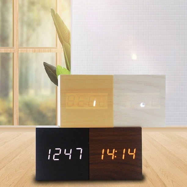 Reloj digital de madera con LED, mini reloj electrónico silencioso, control de voz, despertador luminoso y perezoso