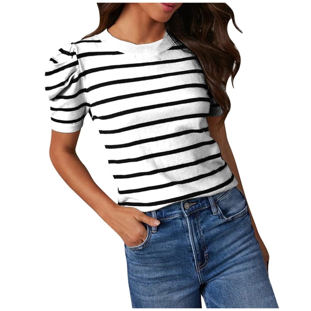 Blouses pour Femmes T-Shirts à Manches Courtes Bouffantes en Tricot Tendance à Col Rond à Rayures Blouses Décontractées d'Été