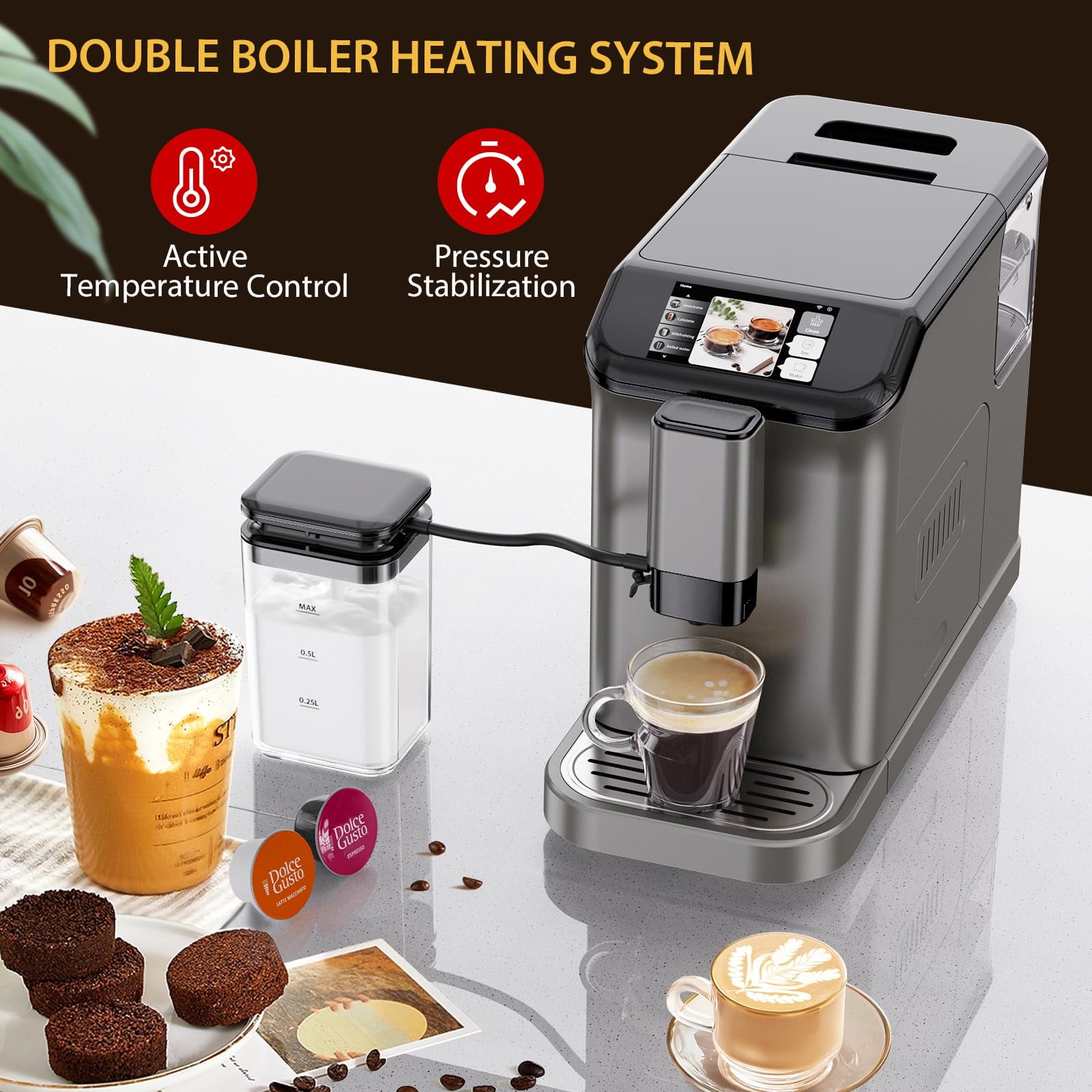 Soonbuy Espresso Machine with Built-in Grinder, 20Bar Pressure & Automatic Milk Frother, One-Touch Operation for Lattes and Cappuccinos, Compact Design for Home or Office Use
