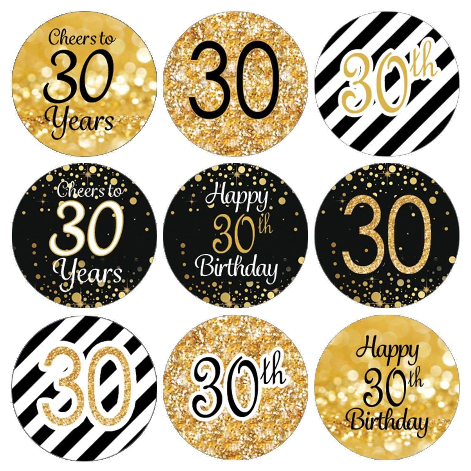 Black and Gold 30th Birthday Party Favor Stickers - 180 Count - Sparkle - Distinctivs