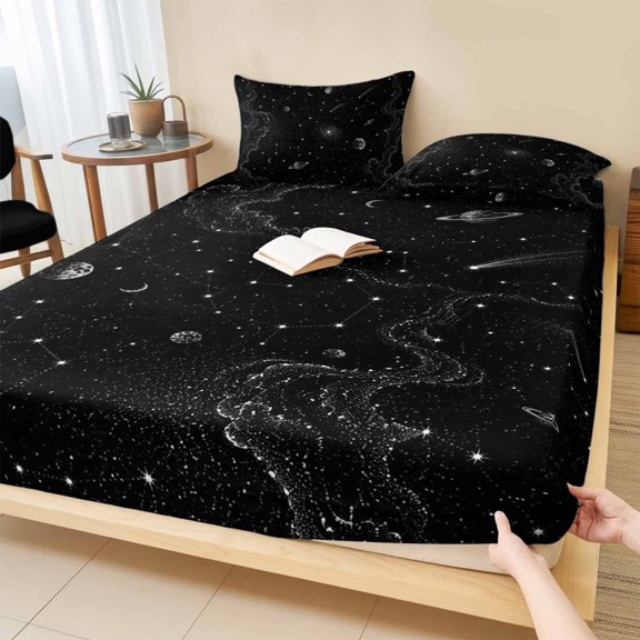 Twin Sze Fitted Sheet Set - Cosmic 2 Piece Bedding Sets 16" Deep Pocket Fitted Sheet with 1 Pillowcase, Black Grey Mystical Planet Universe Abstract Brushed Microfiber Hotel Luxury Bed Sheets