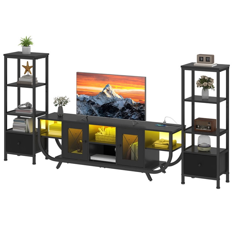 Uforic TV Stand for TVs up to 65", LED Entertainment Center with Bookshelf & Power Outlet & Fabric Drawer, Black