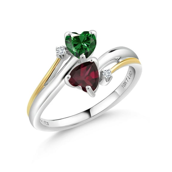 925 Silver and 10K Yellow Gold Green Nano Emerald Red Rhodolite Garnet and Lab Grown Diamond 2 Heart Promise Couple Engagement Mother Ring (1.07 Cttw, Gemstone Birthstone, in Size 5, 6, 7, 8, 9)