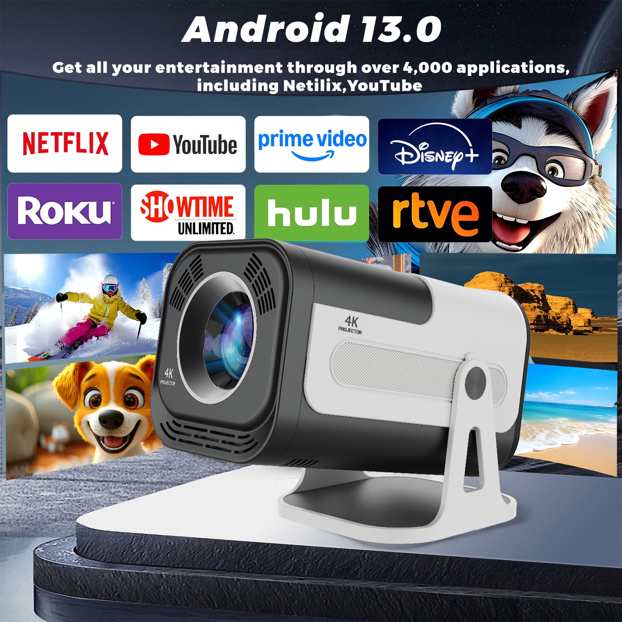 BDQ Mini Portable Projector, Support 4K 1080P with Dual-Band WIFI6 5G Wireless 5.0 Bluetooth Android 13, 180° Rotatable, Auto Keystone Correction, 35"-130" Screen Video Projector