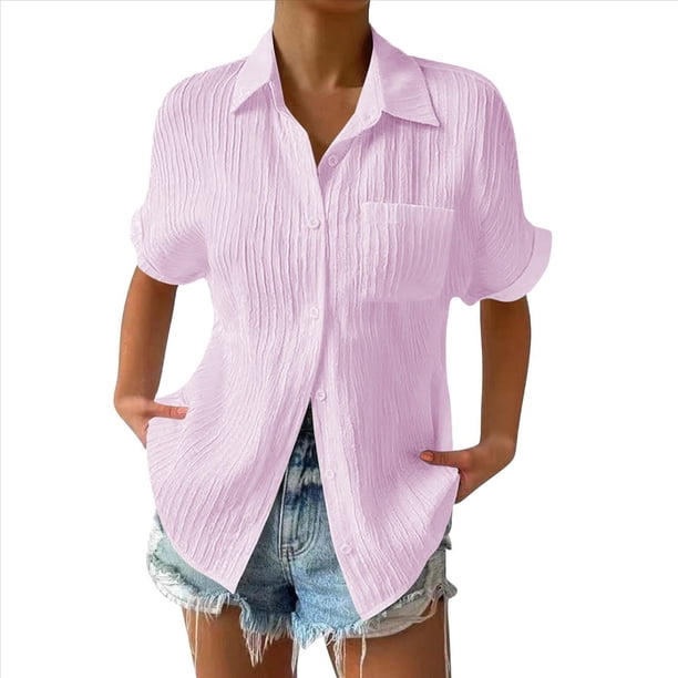 Camisa Estilo Boyfriend A Rayas Fruncidas para Mujer, Informal, con Cuello Corto, Mangas , Botones, Blusa con Bolsillo, Rosa, Talla L