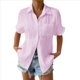 thumbnail image 1 of Camisa Estilo Boyfriend A Rayas Fruncidas para Mujer, Informal, con Cuello Corto, Mangas , Botones, Blusa con Bolsillo, Rosa, Talla S, 1 of 7