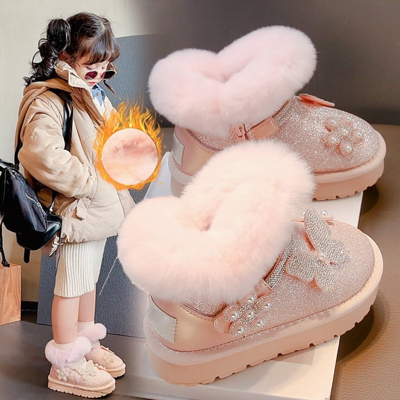 Hpapadks Snow Boots for Boys Winter Durable Lined Floral Bowknot Pearl Rhinestone Design Warm Shoes Winter Boots for Girls Red