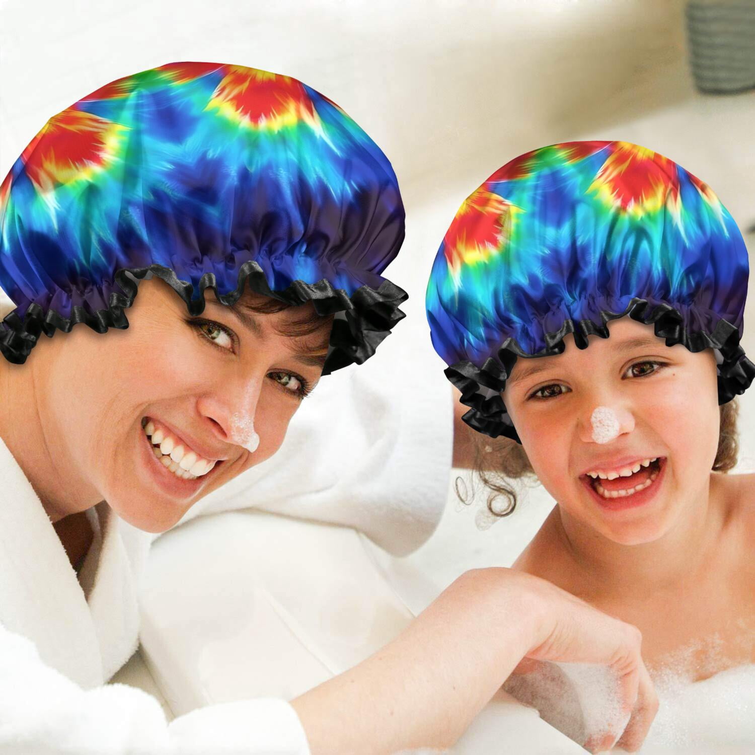 Shower Caps,Colorful Tie Dye Flowe Waterproof Shower Cap for Women 4 Pieces,Double Reusable Hair Cover for Shower PEVA Elastic Stretch Hem