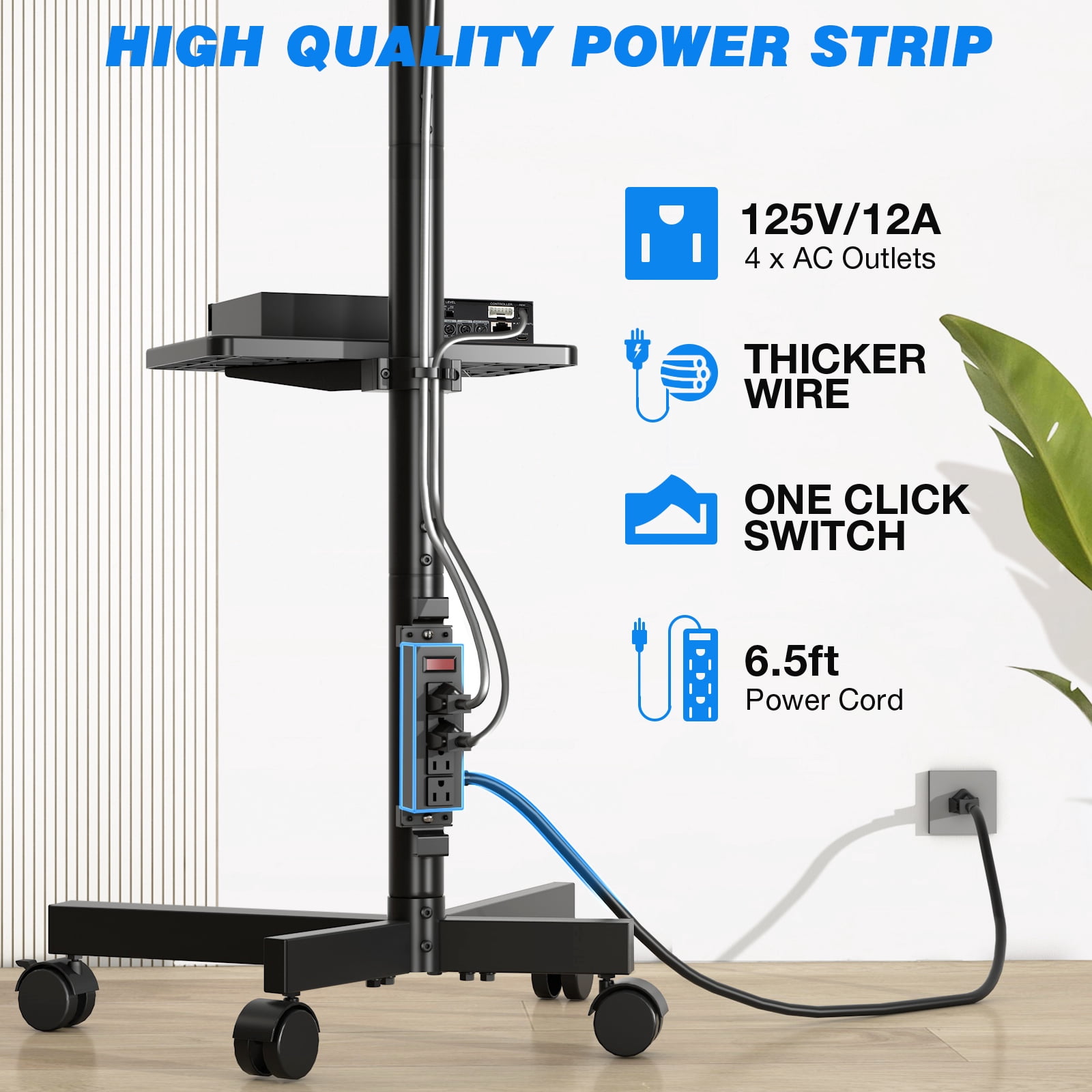RTVR Rolling TV Cart Stand for 32 to 65 inch Flat Panel Screens with Power Outlet, Mobile TV Stand Modern Black