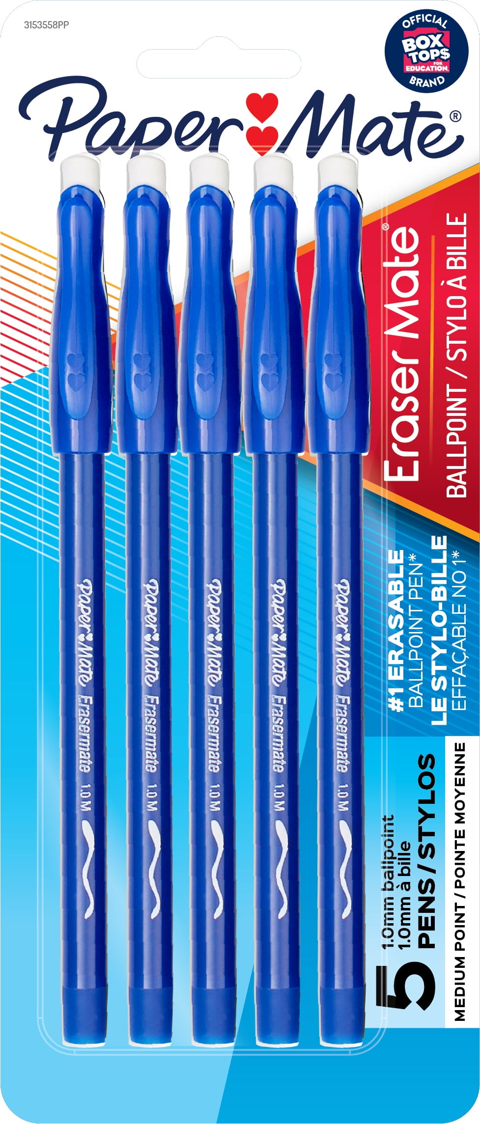 Paper Mate® EraserMate® Pens, Medium Point, 1.0 mm, Blue Barrel, Blue Ink, Pack Of 5