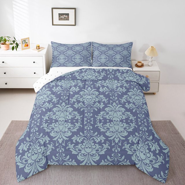 Erosebridal Teens Damask Skull Bedding Twin Comforter Set,Boho Flower Down Comforter,Gothic Decoration,Reversible,2-Piece