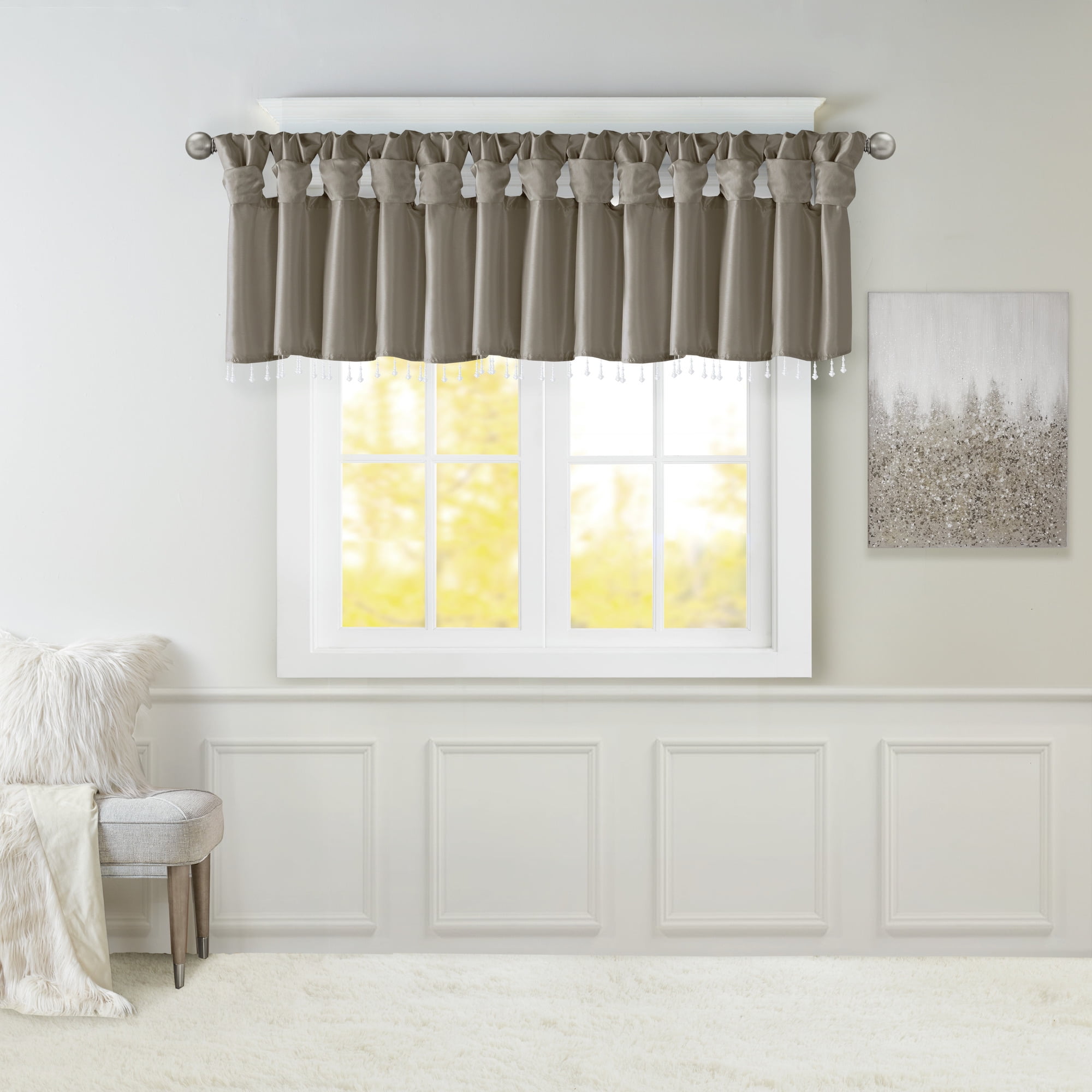 MAYEERTY 50x26" Lightweight Faux Silk Valance - With Beads, Pewter