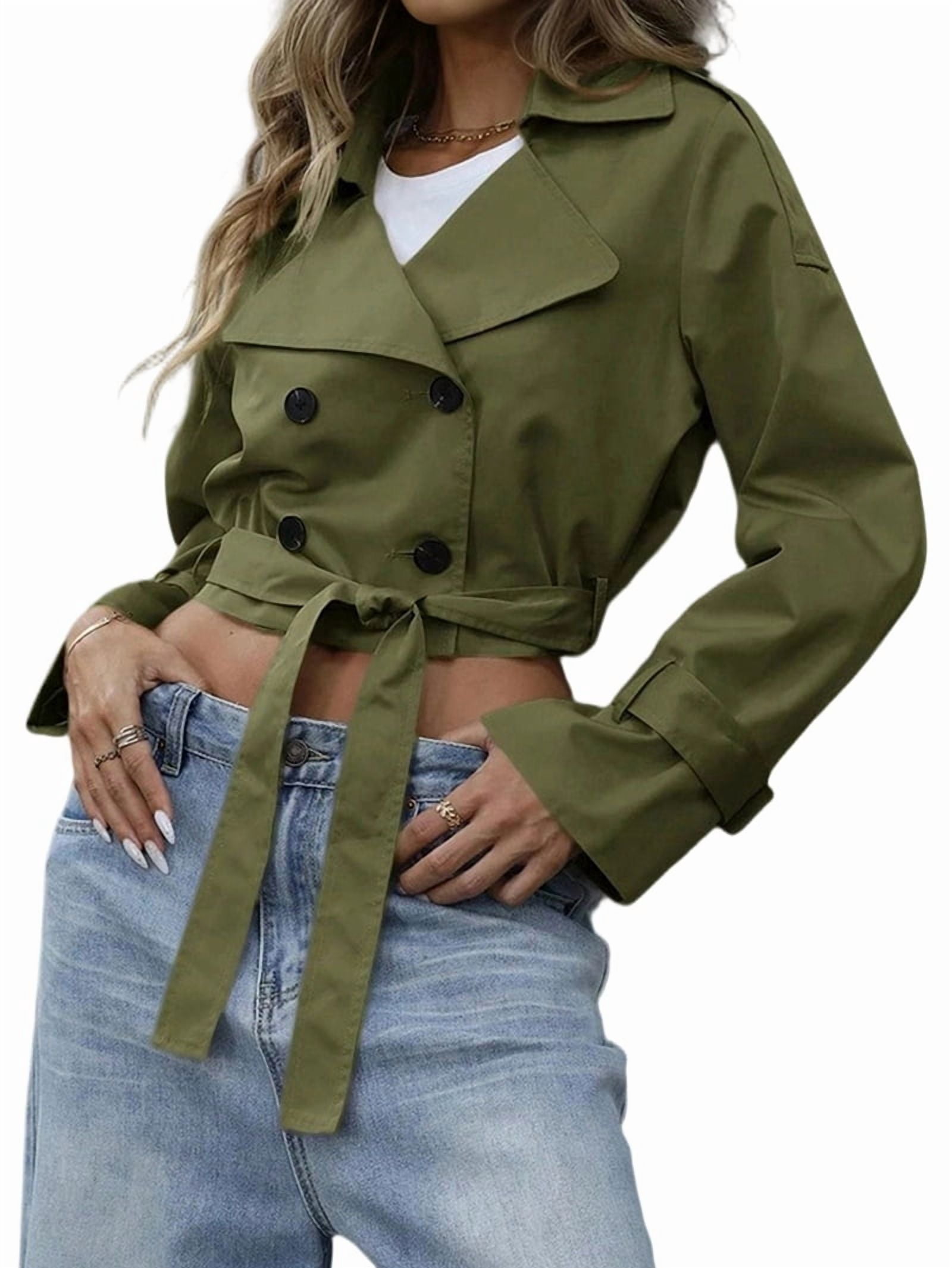 Womens Cropped Trench Coat Lapel Double Breasted Short Jacket