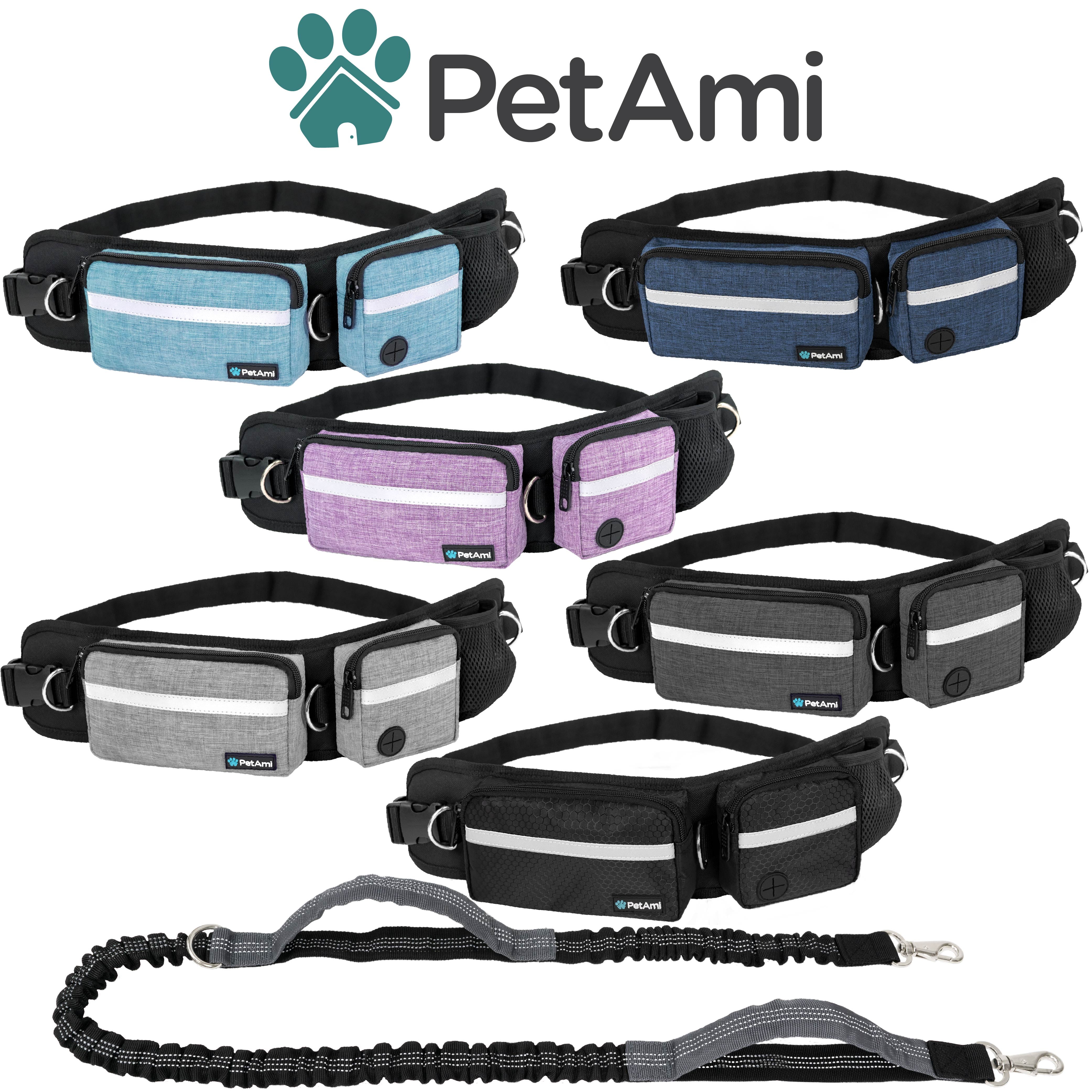 PetAmi Hands Free Dog Leash, Dog Running Leash Belt Bag for Walking, Jogging, Dog Waist Double Zipper Pouch with Poop Bag Dispenser, Dual Padded Handles Reflective Bungee Leash, Single (Heather Grey)