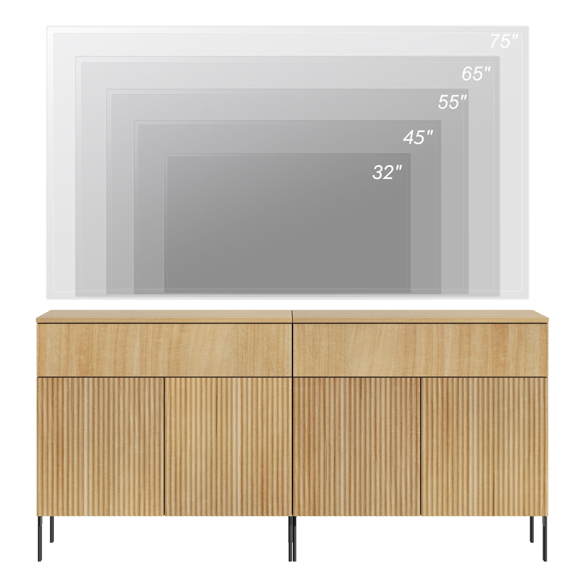 63" Reeded Accent Cabinet Set with 4 Doors and Drawers, Modern Credenza Storage Cabinet with Metal Legs for Living Room, Kitchen, Dining Room, Hallway