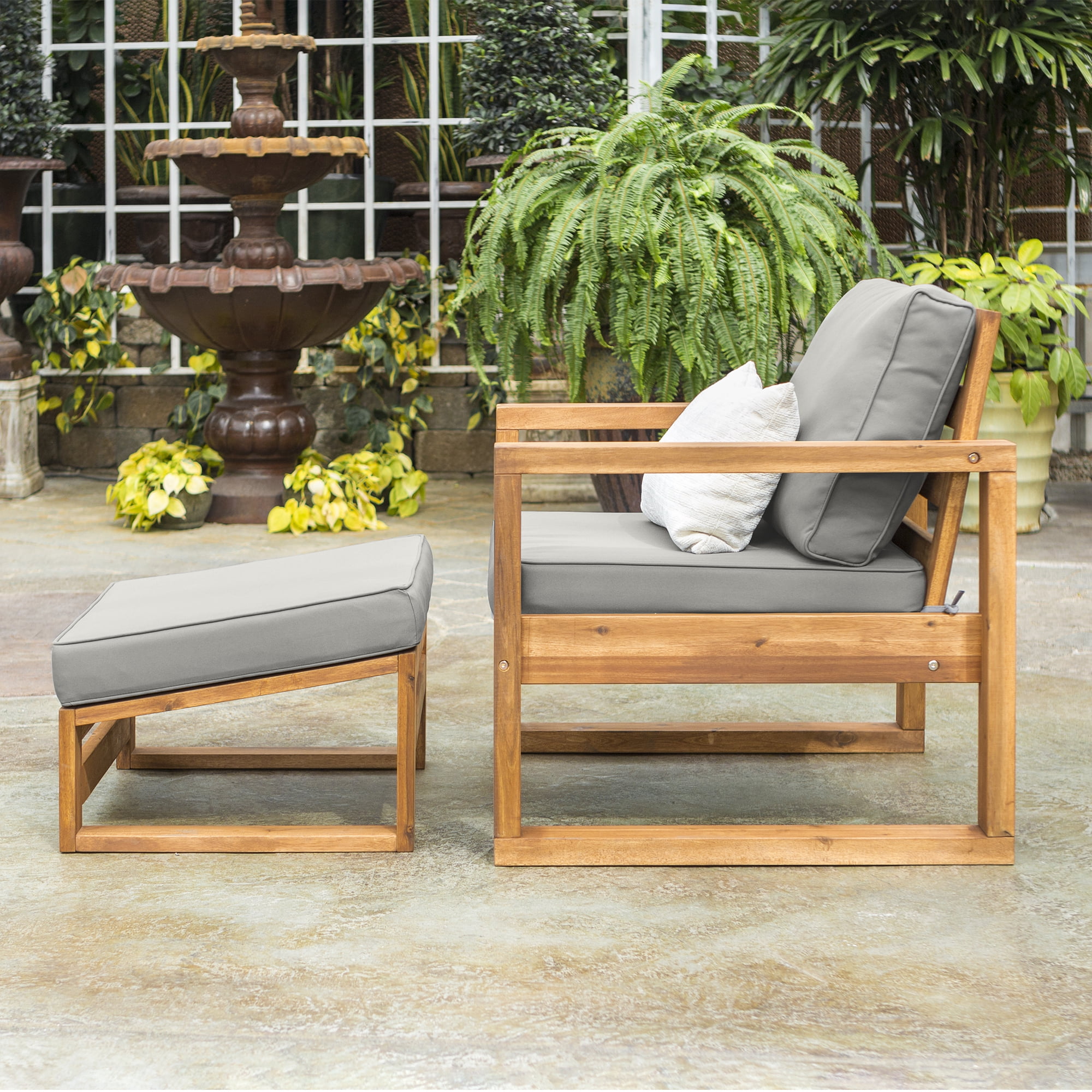 Walker Edison Modern Patio Chair Lounger and Ottoman - Brown