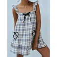 thumbnail image 2 of Women Cute Floral Printed Mini Dress Sleeveless Front Loose Ruffled Short Dress Summer Gingham Babydoll One Piece Blue L, 2 of 5
