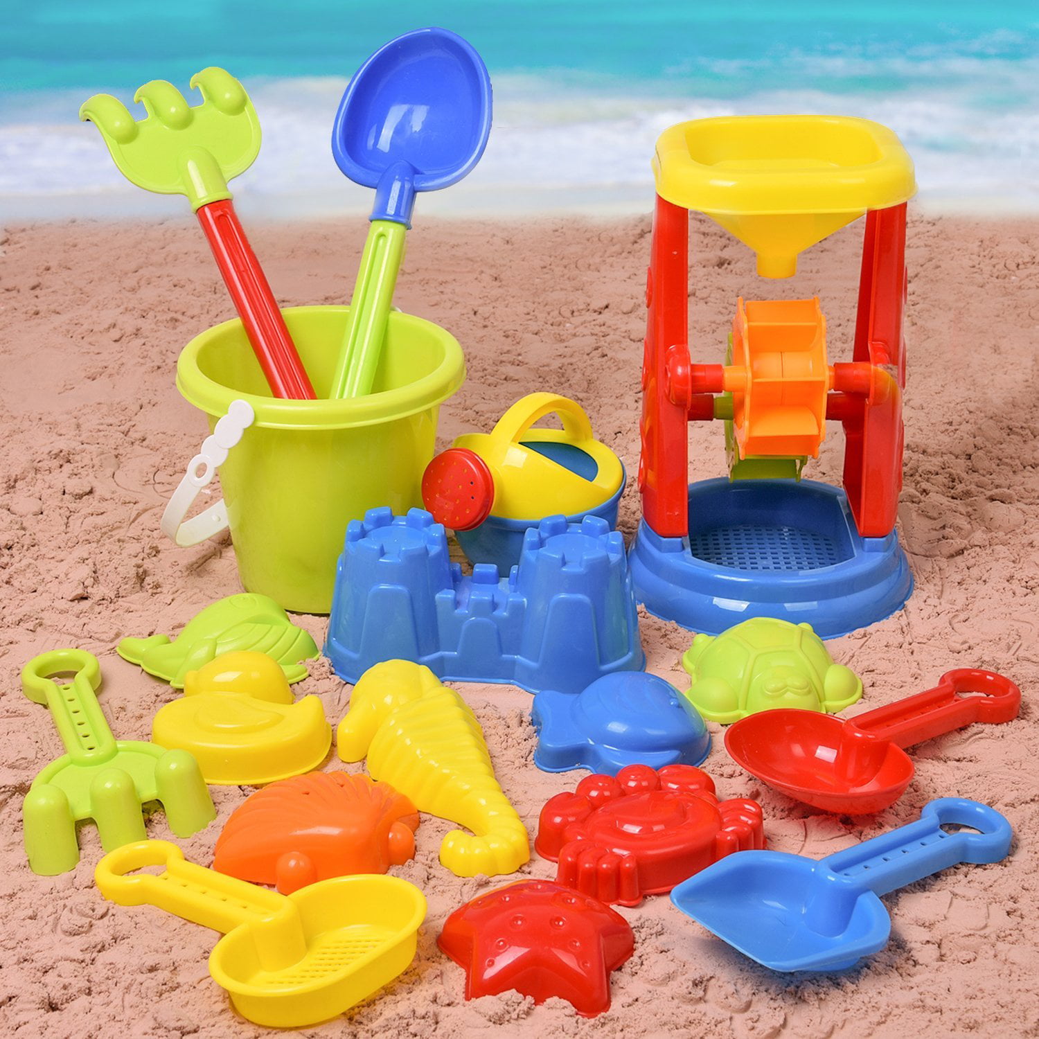 TOYANDONA Kids Beach Sand Toy Set Educational Sandbox Toy with Sand Truck Watering Can Shovel Rake for Outdoor Coastal Pool Activities Party Supplies 