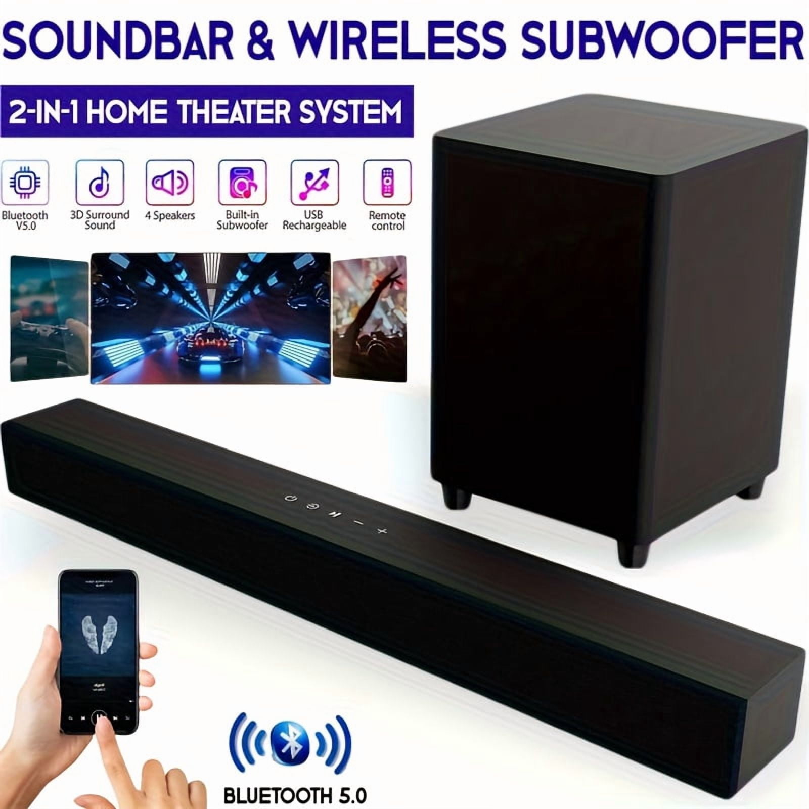 2.1 Channel Surround Sound Bar with Subwoofer, 60W Soundbar for Smart TV, Home Theater Surround Sound System for TV