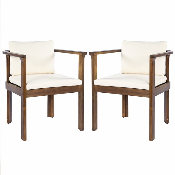 FFZ Outdoor Acacia Wood Dining Chair Set of 2 with Curved Arms and Cream Cushions, Brown
