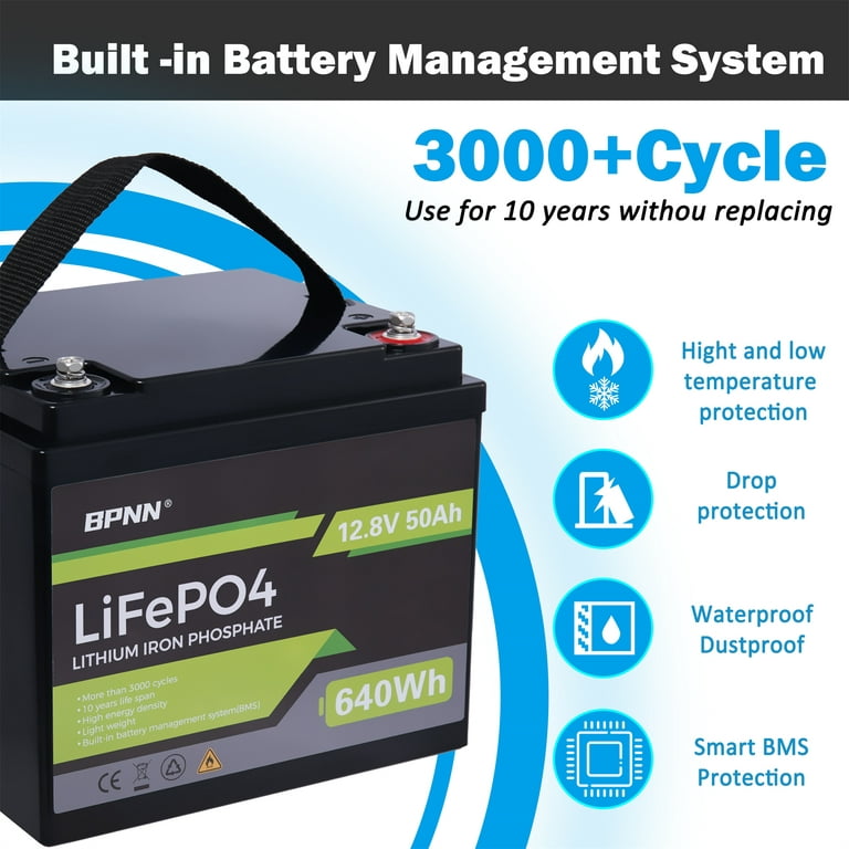 LiFePO4 Battery, 12V 50AH Lithium Battery, Built-in BMS, Deep Cycle Battery  for Backup Power, Out Camping, RV, Golf Carts, Boat, Off-Grid, and Home