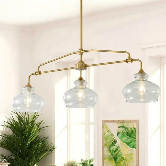 46-inch Adjustable Brass Pendant Light, 3-Light Farmhouse Chandelier with Clear Glass Shades, Dimmable Hanging Light for Kitchen Island, Dining Table